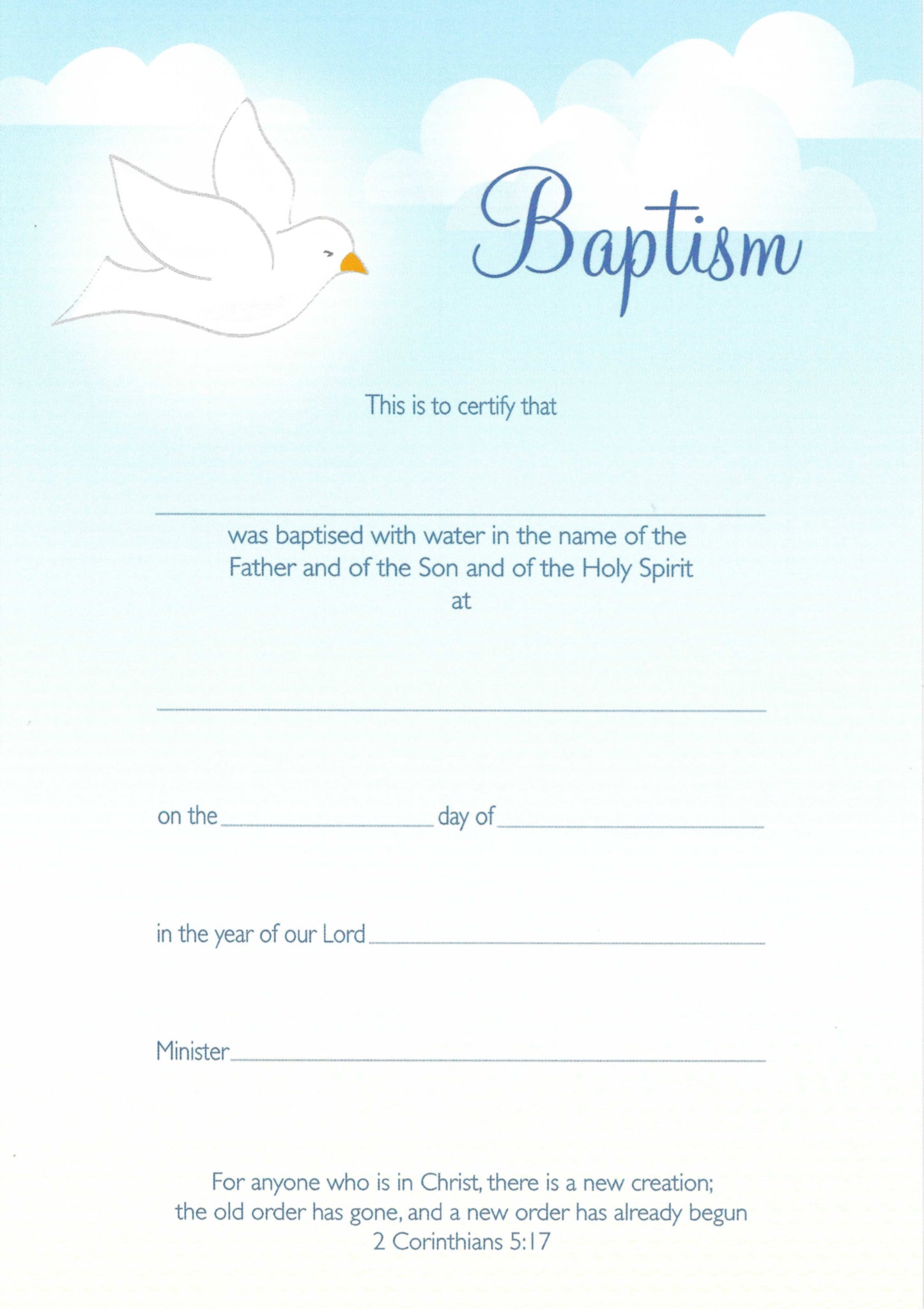 Baptism Certificate - Dove & Clouds - Child