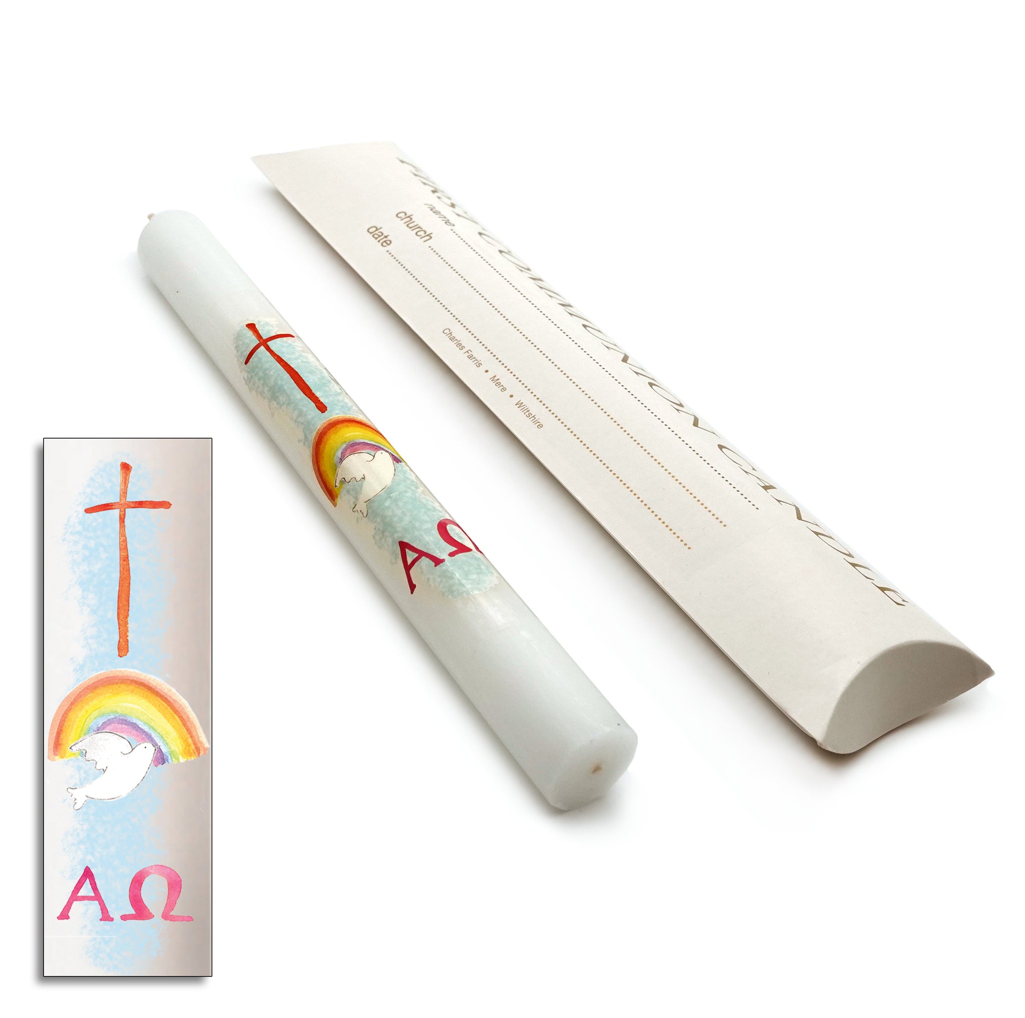 9" Watercolour Confirmation Candle - Cross Over Rainbow & Dove